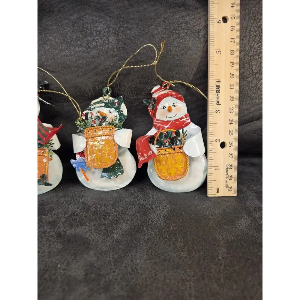 Vintage Painted Tin Snowman Christmas Ornaments Set 3 Baskets Folk Art Primitive